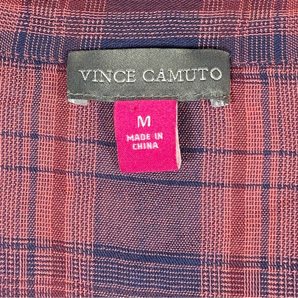 Vince Camuto Plaid Peplum Blouse Women's M Red Blue Frayed Hem Long Sleeve Flowy - Picture 7 of 15